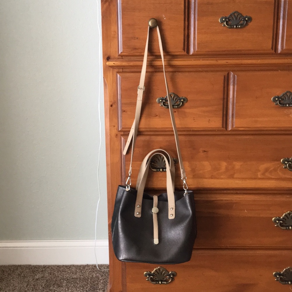 Gray and tan crossbody with small purse inside